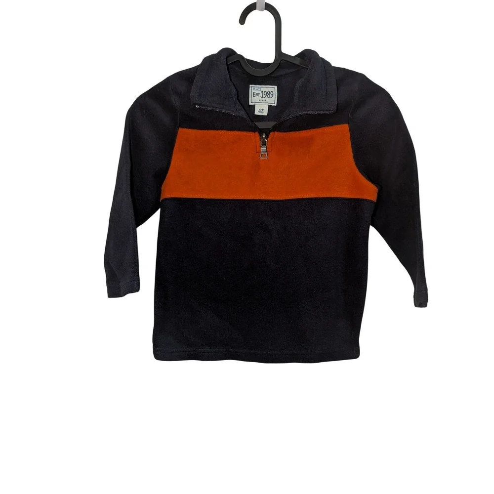 The Childrens Place Boys 4T Navy Blue Orange Colorblock Quarter Zip‎ Fleece Top